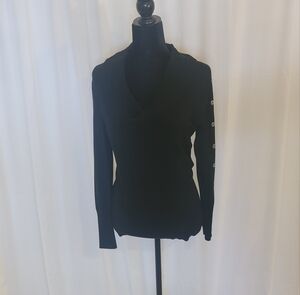 White House Black Market Medium Black Cowl Neck Sweater with Silver Button Sleev